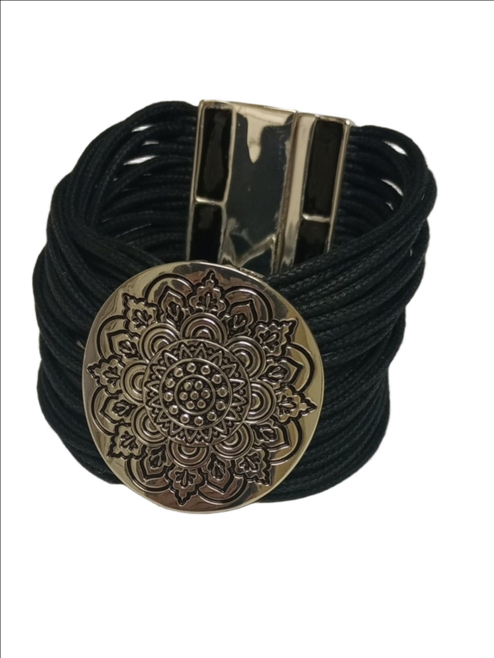 MANDALA ENGRAVED SILVER TONE MULTI STRINGS BLACK CHUNKY CLASP ZEN BRACELET - Picture 2 of 7